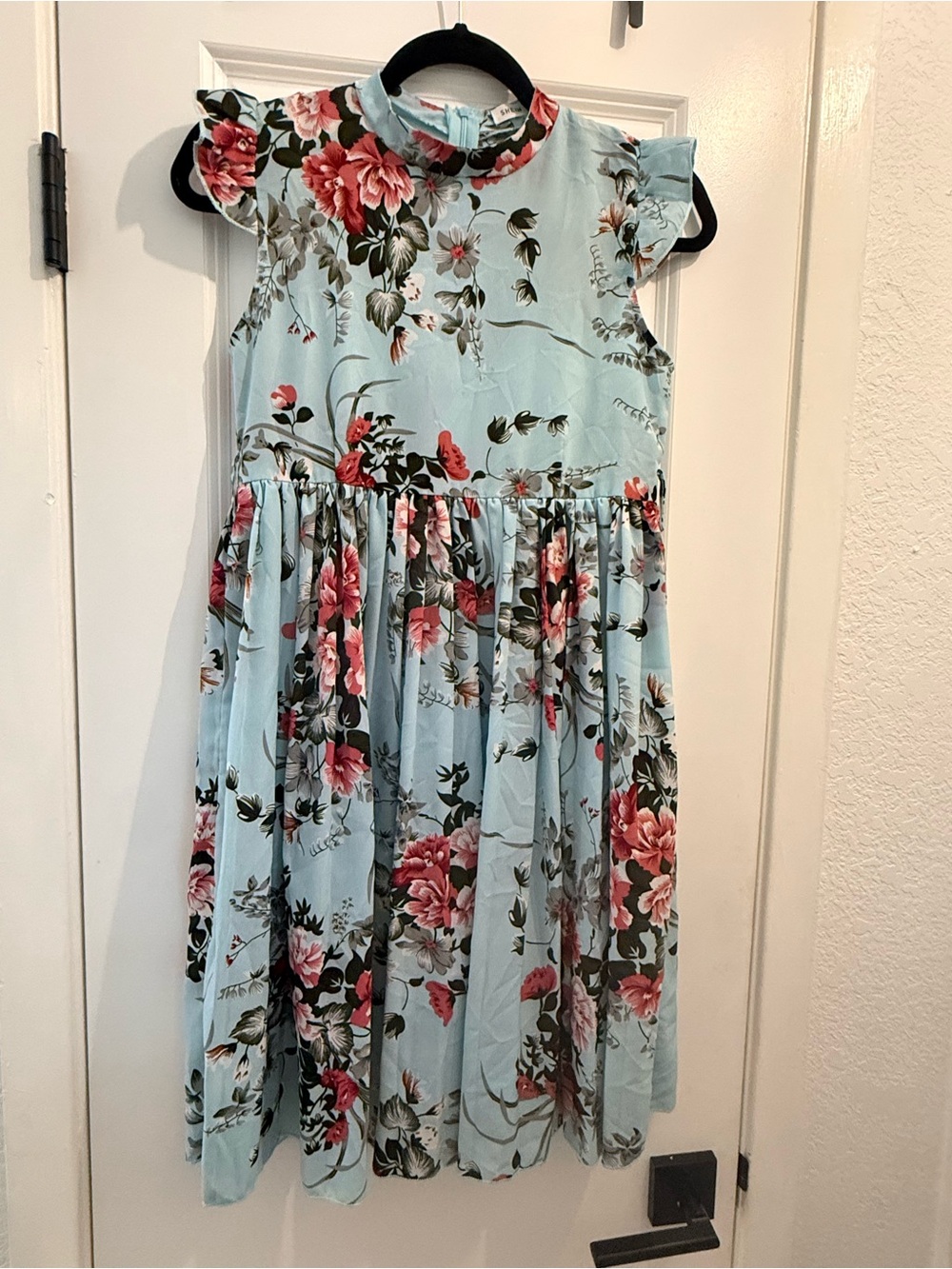Girls' Light Blue Floral Ruffle-Sleeve Day Dress